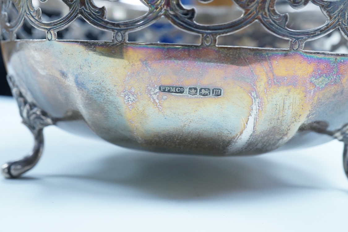 A George V silver two handled fruit bowl, with a pierced border, by Peerless Plate Manufacturing Co, Sheffield, 1929, 17.9cm excluding the handles, 14.5oz.